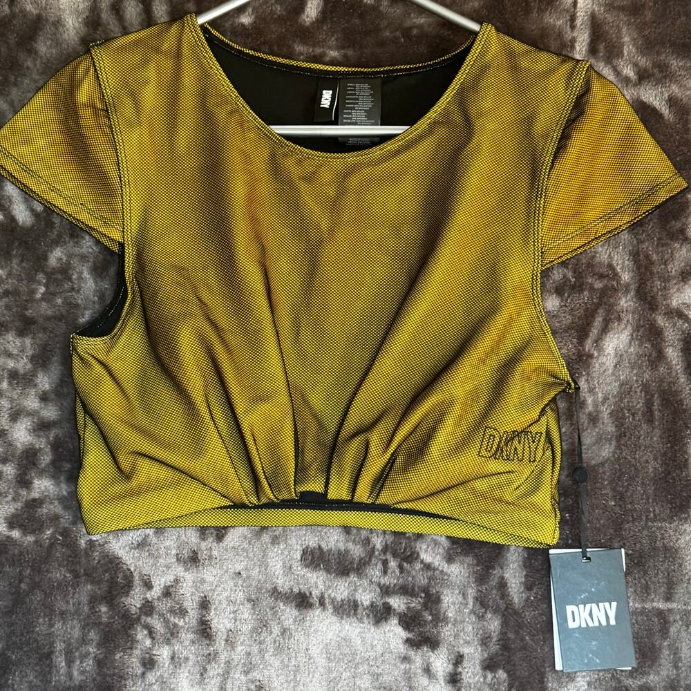 NWT DKNY Cropped Mesh Overlay Swim Top with UV Protection Size L Cumin Yellow